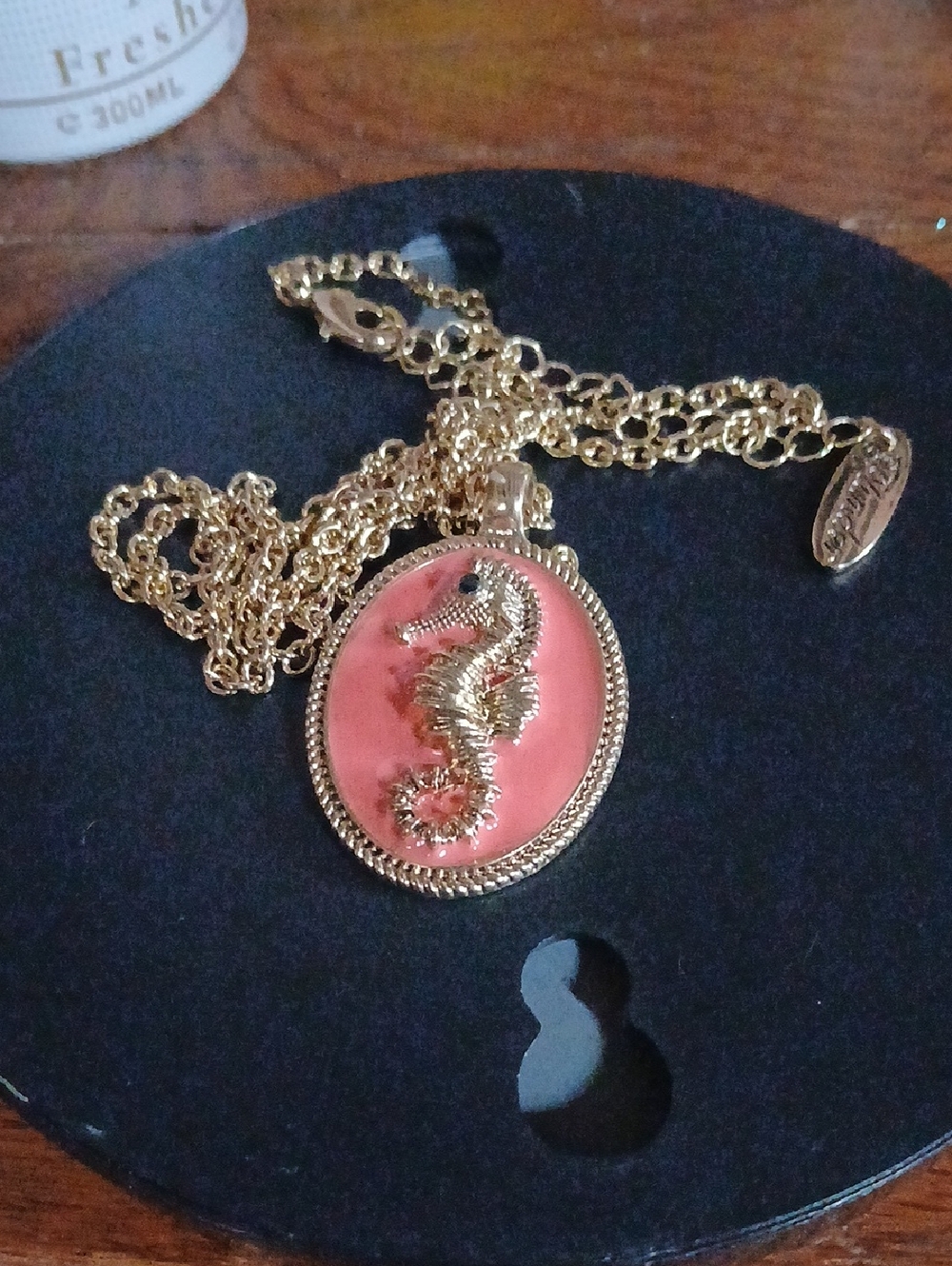 Plunder Gold Seahorse Pendant Necklace with Coral Pink Enamel -